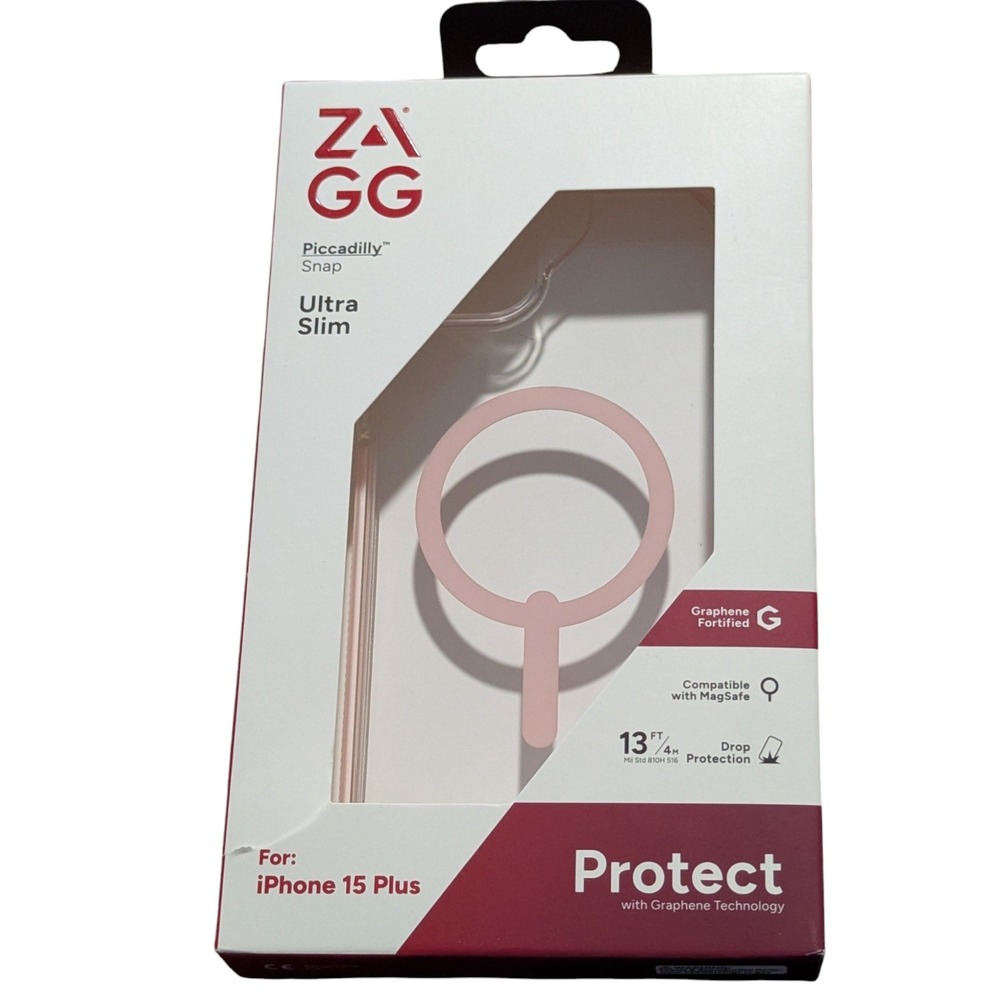 J8. Zagg Piccadilly Snap Case 13Ft/4M Drop Protection iPhone 15 Plus Clear/Pink